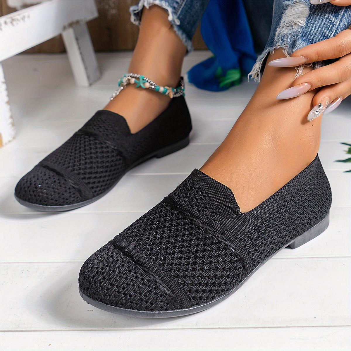 Women's Breathable Knit Slip-On Loafers, Casual Flat Shoes For Ladies, Comfortable Everyday Shoes