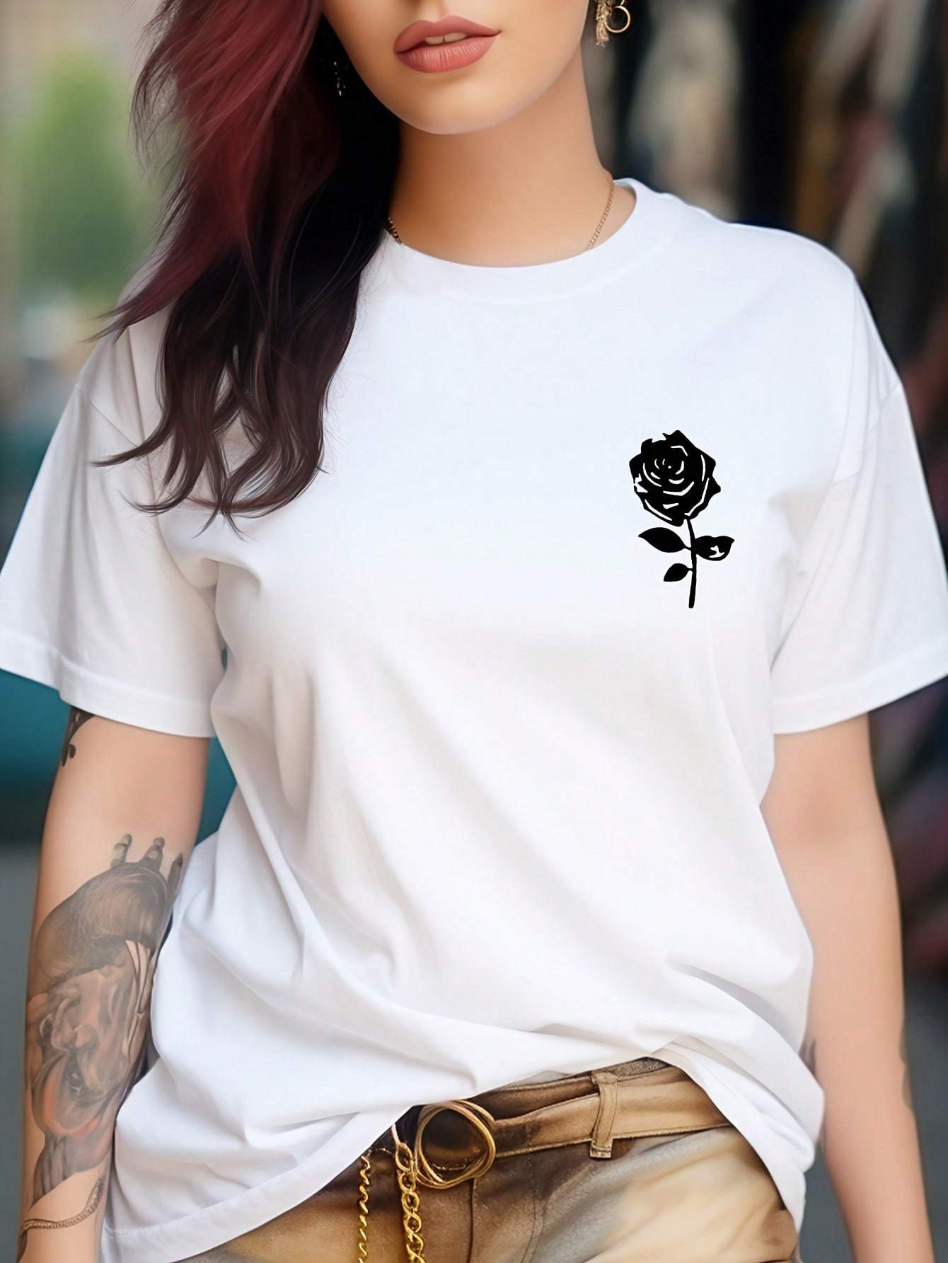 Rose Print Crew պարանոցի վերնաշապիկ, ամենօրյա կարճաթև շապիկ գարնան և ամառի համար, կանացի հագուստ