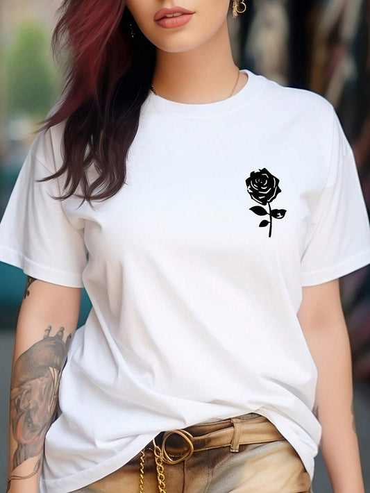 Rose Print Crew պարանոցի վերնաշապիկ, ամենօրյա կարճաթև շապիկ գարնան և ամառի համար, կանացի հագուստ