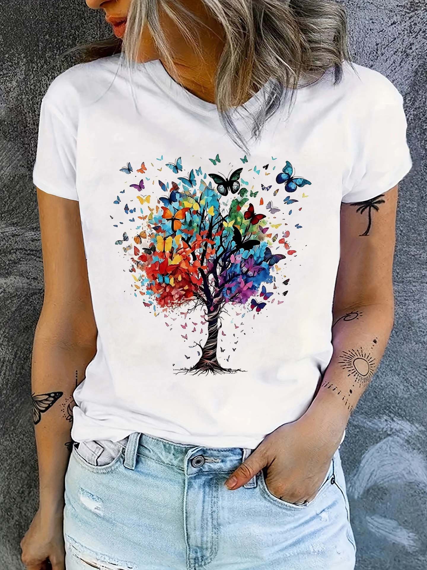 Butterfly Print Crew պարանոցի վերնաշապիկ, ամենօրյա կարճաթև շապիկ գարնան և ամառի համար, կանացի հագուստ