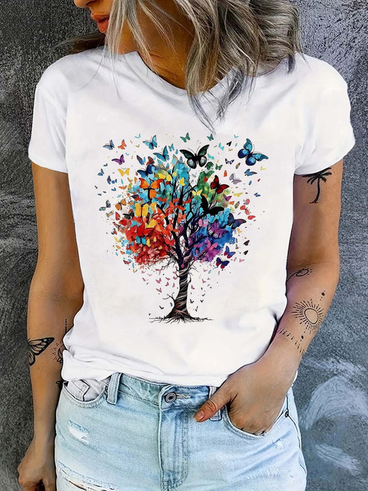 Butterfly Print Crew պարանոցի վերնաշապիկ, ամենօրյա կարճաթև շապիկ գարնան և ամառի համար, կանացի հագուստ
