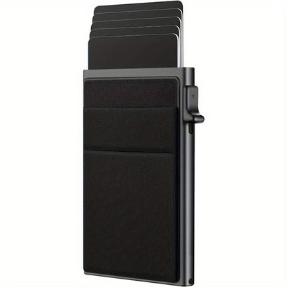 Men's Sleek RFID-Blocking Credit Card Holder with Pop-Up Coin Slot - Aluminum Alloy, Solid Black