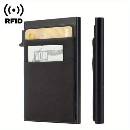 Men's Sleek RFID-Blocking Credit Card Holder with Pop-Up Coin Slot - Aluminum Alloy, Solid Black