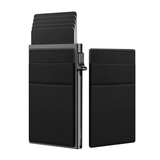 Men's Sleek RFID-Blocking Credit Card Holder with Pop-Up Coin Slot - Aluminum Alloy, Solid Black