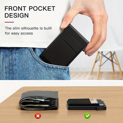 Men's Sleek RFID-Blocking Credit Card Holder with Pop-Up Coin Slot - Aluminum Alloy, Solid Black