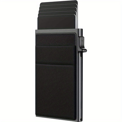 Men's Sleek RFID-Blocking Credit Card Holder with Pop-Up Coin Slot - Aluminum Alloy, Solid Black