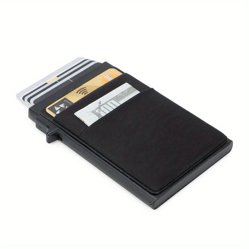 Men's Sleek RFID-Blocking Credit Card Holder with Pop-Up Coin Slot - Aluminum Alloy, Solid Black