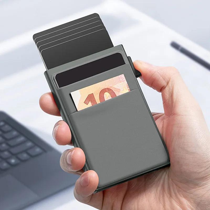 Men's Sleek RFID-Blocking Credit Card Holder with Pop-Up Coin Slot - Aluminum Alloy, Solid Black