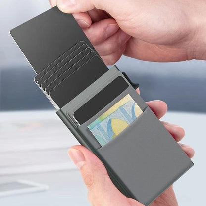 Men's Sleek RFID-Blocking Credit Card Holder with Pop-Up Coin Slot - Aluminum Alloy, Solid Black
