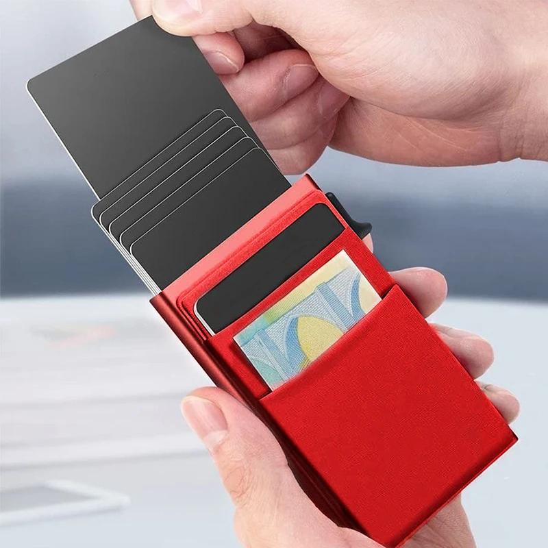 Men's Sleek RFID-Blocking Credit Card Holder with Pop-Up Coin Slot - Aluminum Alloy, Solid Black