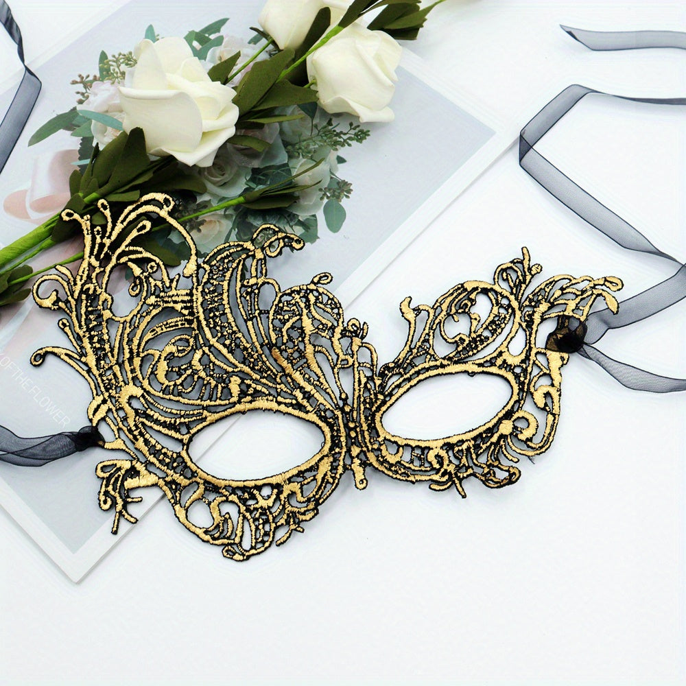 Elegant Lace Mask For Ladies To Wear At Dance Parties, Featuring A Golden Thick Double Yarn Ribbon And 3D Lace Design, Perfect For High-end Lace Costumes And Eye Masks For Performances.