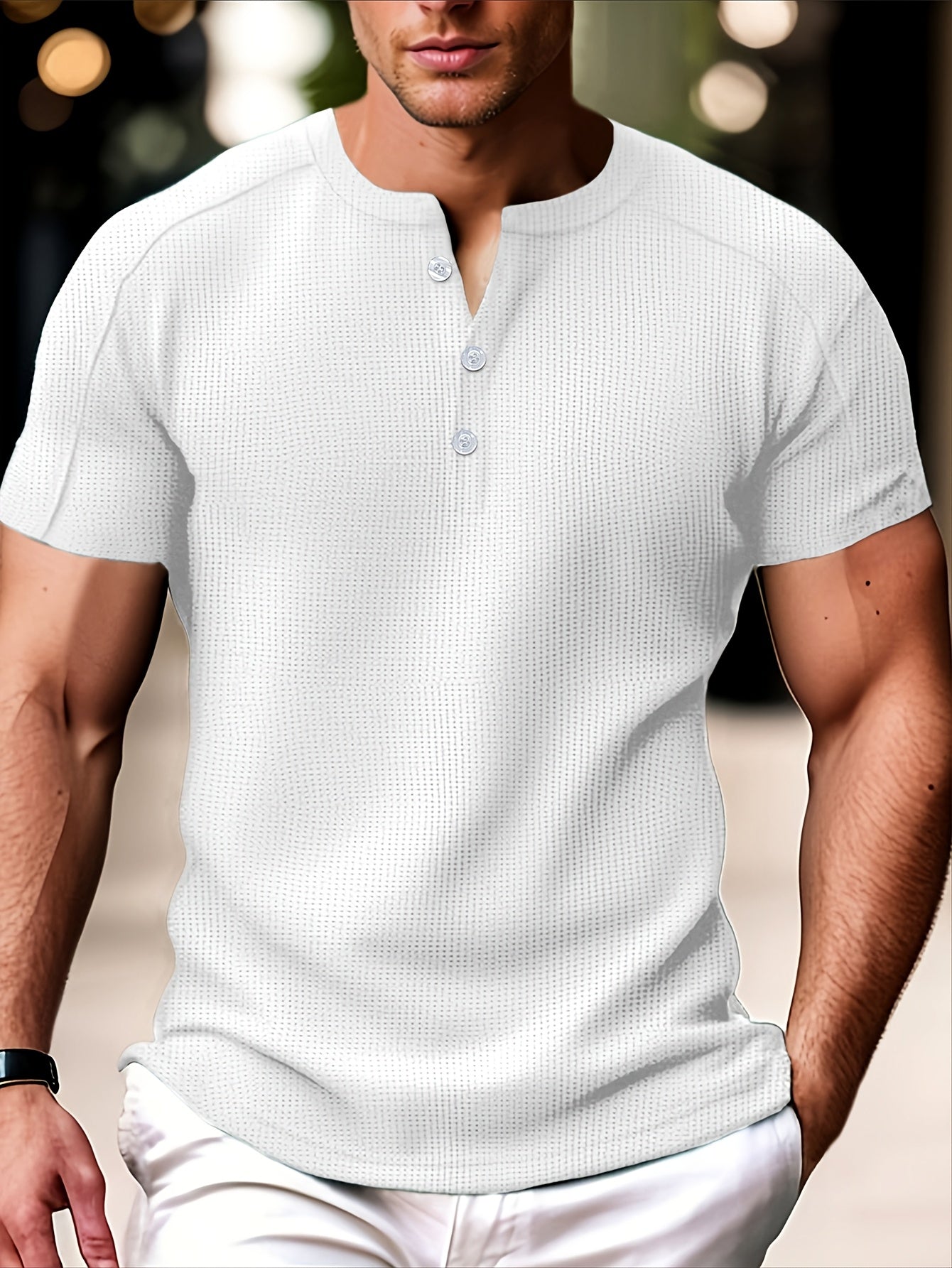 Men'S Long-Sleeve Henry Shirt in Knitted Waffle Style, Featuring Stylish Buttons And a Solid Color, Perfect for High-Quality Casual Outdoor Wear in Spring And Summer.