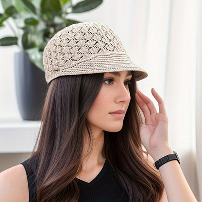 Elegant Women's Beige Beret with Intricate Lace Pattern - Breathable & Foldable, Polyester Painter Cap, Ideal for Outdoor Activities & Daily Wear, Machine Washable