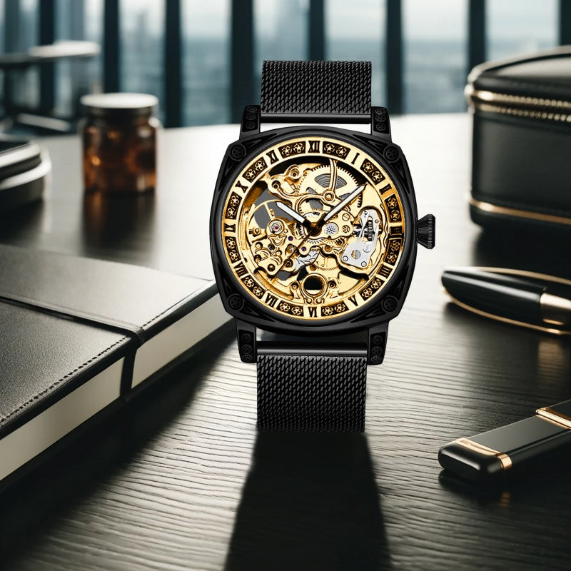 Men's Avant-Garde Automatic Skeleton Watch with Black Steel Mesh Band