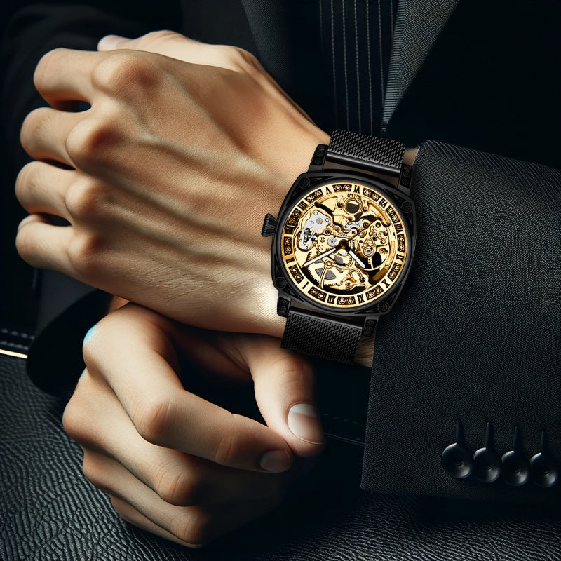 Men's Avant-Garde Automatic Skeleton Watch with Black Steel Mesh Band
