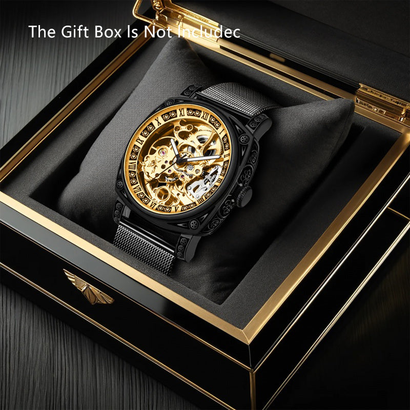 Men's Avant-Garde Automatic Skeleton Watch with Black Steel Mesh Band