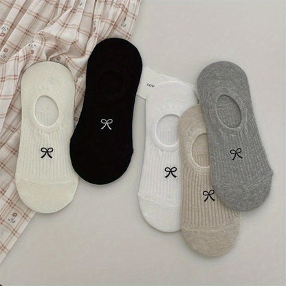 5 Pairs Bow Print Boat Socks, Cute & Sweet Low Cut Invisible Socks, Women's Stockings & Hosiery