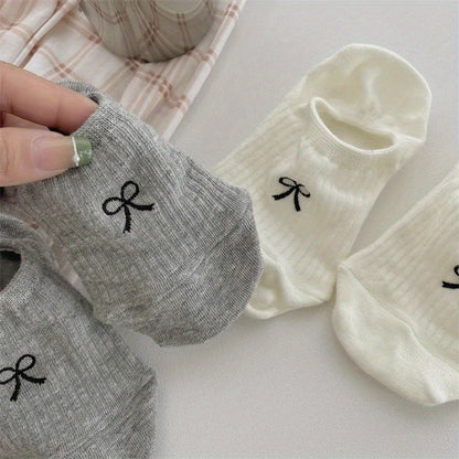 5 Pairs Bow Print Boat Socks, Cute & Sweet Low Cut Invisible Socks, Women's Stockings & Hosiery