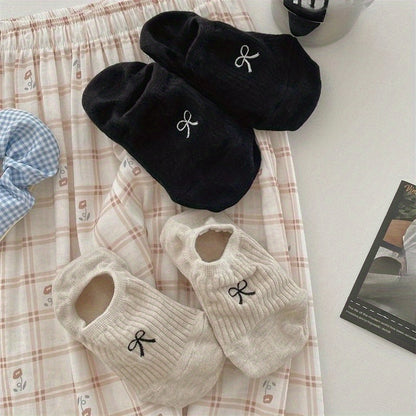 5 Pairs Bow Print Boat Socks, Cute & Sweet Low Cut Invisible Socks, Women's Stockings & Hosiery