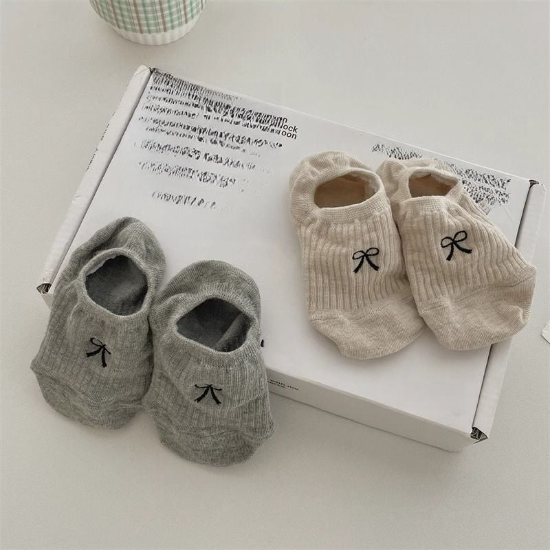 5 Pairs Bow Print Boat Socks, Cute & Sweet Low Cut Invisible Socks, Women's Stockings & Hosiery