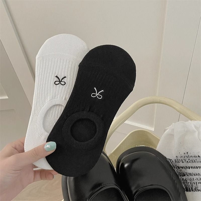 5 Pairs Bow Print Boat Socks, Cute & Sweet Low Cut Invisible Socks, Women's Stockings & Hosiery