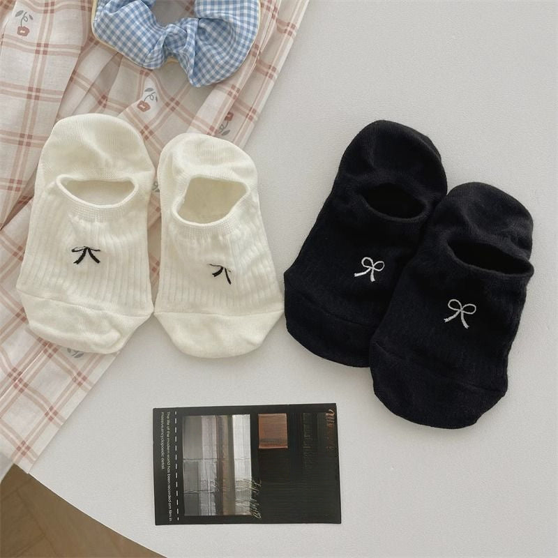 5 Pairs Bow Print Boat Socks, Cute & Sweet Low Cut Invisible Socks, Women's Stockings & Hosiery