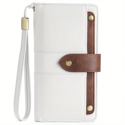 Women's Large Capacity Wallet Handbag with Wrist Strap - Elegant White & Golden-Tone Long Wallet, Golden-Tone Hardware, Multi-Compartment Organizer with Cash Pocket & Card Holder for Everyday Use, School, Work, Travel - Styli