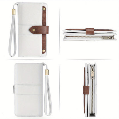 Women's Large Capacity Wallet Handbag with Wrist Strap - Elegant White & Golden-Tone Long Wallet, Golden-Tone Hardware, Multi-Compartment Organizer with Cash Pocket & Card Holder for Everyday Use, School, Work, Travel - Styli