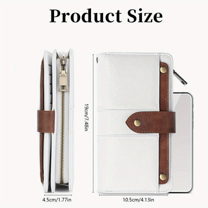 Women's Large Capacity Wallet Handbag with Wrist Strap - Elegant White & Golden-Tone Long Wallet, Golden-Tone Hardware, Multi-Compartment Organizer with Cash Pocket & Card Holder for Everyday Use, School, Work, Travel - Styli