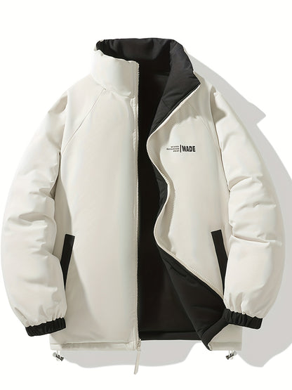 Տղամարդու երկկողմանի ձմեռային բաճկոն՝ հաստացված, կանգուն օձիքով, կայծակաճարմանդով և «MADEASURABLE» և «I CONUT» գրությամբ, սև և սպիտակ, սովորական չափսի՝ աշնանային և ձմռան համար, աշնանային վերնազգեստ, համարձակ գրություն, դիմացկուն գործվածք