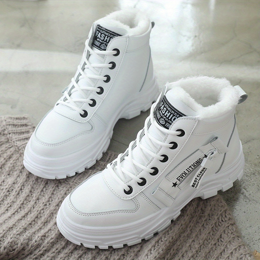 Women's Ankle Boots, Warm High-Top Fleece-Lined Short Boots for Commuting and Outdoor Use in White Style