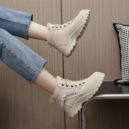 Women's Ankle Boots, Warm High-Top Fleece-Lined Short Boots for Commuting and Outdoor Use in White Style