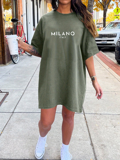 Double-Sided Milano Italy Letter Print Crew Neck Tee Dress, Casual Short Sleeve Summer Dress for Women, Lightweight and Comfortable