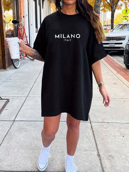 Double-Sided Milano Italy Letter Print Crew Neck Tee Dress, Casual Short Sleeve Summer Dress for Women, Lightweight and Comfortable