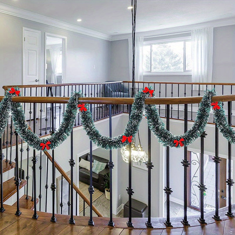 Extra Long 78.74in/200cm Garland - Heavy-Duty PET (Polyethylene Terephthalate) Christmas Garland with Elegant Deep Green, Red Bows & Black Beads - Indoor/Outdoor Hanging Decoration for Stairs, Banisters, Doors, Walls - Weddin