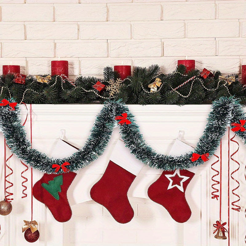 Extra Long 78.74in/200cm Garland - Heavy-Duty PET (Polyethylene Terephthalate) Christmas Garland with Elegant Deep Green, Red Bows & Black Beads - Indoor/Outdoor Hanging Decoration for Stairs, Banisters, Doors, Walls - Weddin
