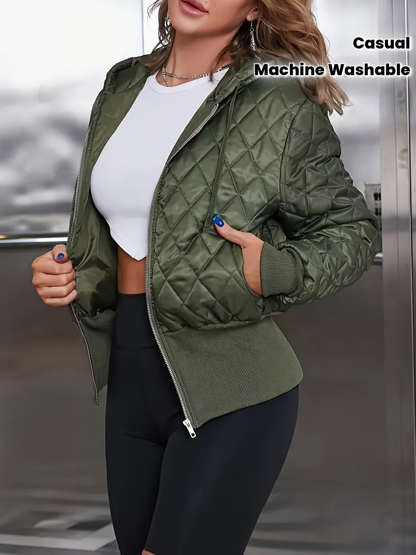 Women's Thick Zip-Up Hooded Jacket - Olive Green Full-Zip Front Closure, Non-Stretchy Structured Fit Coat for Casual, Formal, - Machine Washable Outerwear, Casual Wear, Classic Design, Highquality Material, Office Attire