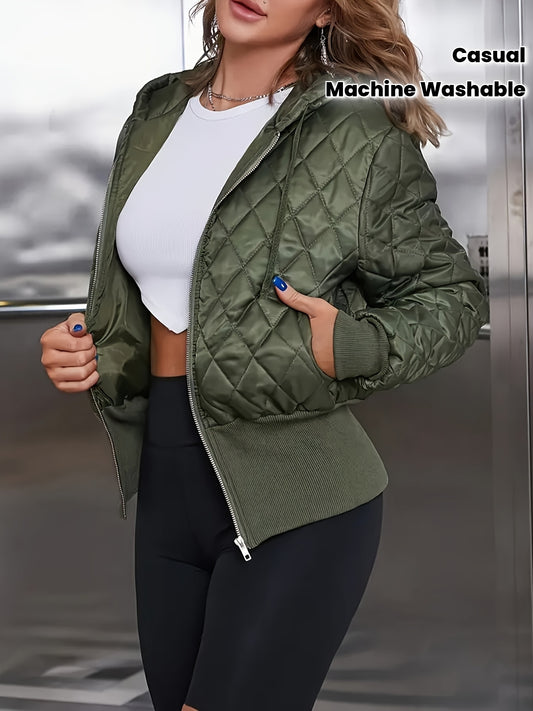 Women's Thick Zip-Up Hooded Jacket - Olive Green Full-Zip Front Closure, Non-Stretchy Structured Fit Coat for Casual, Formal, - Machine Washable Outerwear, Casual Wear, Classic Design, Highquality Material, Office Attire