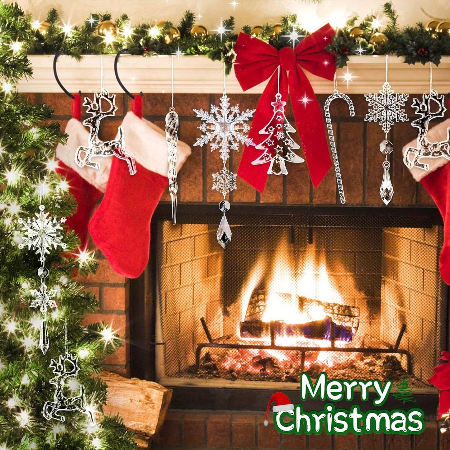 18pcs Festive PVC Acrylic Crystal Christmas Ornaments Set - Snowflakes, Reindeer, Icicles Hanging Decorations for Xmas Tree, Holiday Window, New Year Party Decor, DIY Handmade Materials