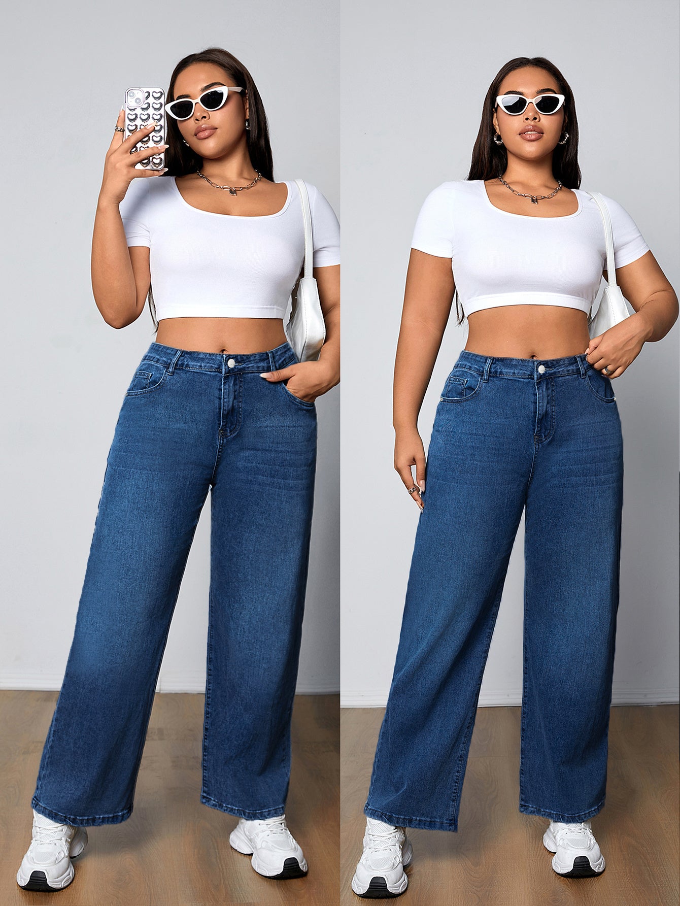 Կանացի Plus Size Casual լվացված կապույտ պարզ կոճակով Fly Բարձր աճ միջին ձգվող ուղիղ ոտքերի ջինսեր