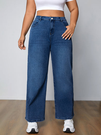 Կանացի Plus Size Casual լվացված կապույտ պարզ կոճակով Fly Բարձր աճ միջին ձգվող ուղիղ ոտքերի ջինսեր