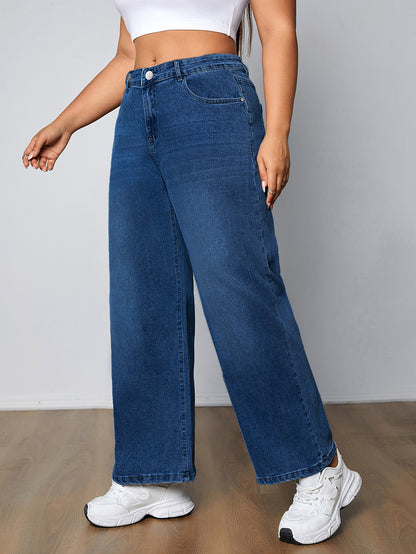 Կանացի Plus Size Casual լվացված կապույտ պարզ կոճակով Fly Բարձր աճ միջին ձգվող ուղիղ ոտքերի ջինսեր