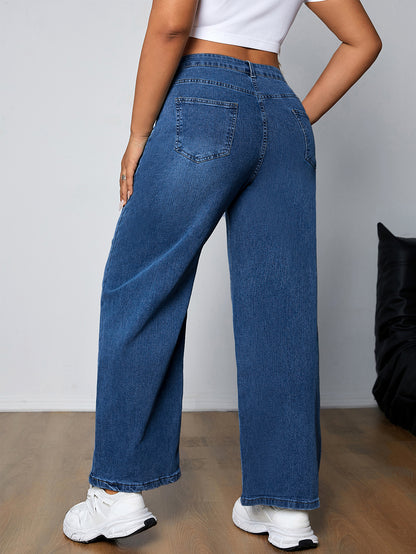 Կանացի Plus Size Casual լվացված կապույտ պարզ կոճակով Fly Բարձր աճ միջին ձգվող ուղիղ ոտքերի ջինսեր