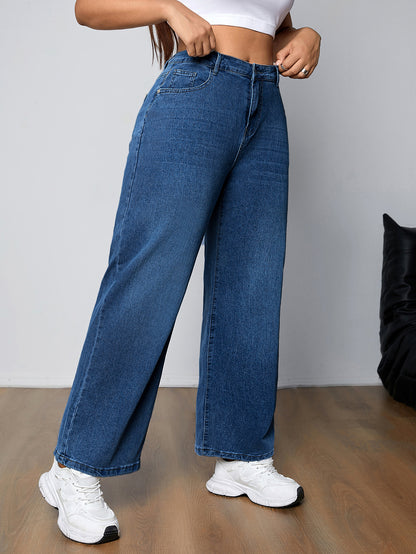 Կանացի Plus Size Casual լվացված կապույտ պարզ կոճակով Fly Բարձր աճ միջին ձգվող ուղիղ ոտքերի ջինսեր