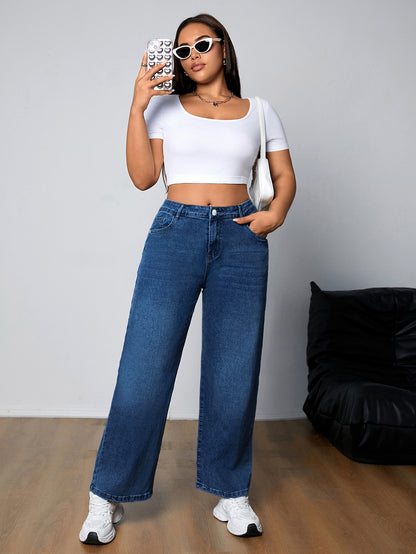 Կանացի Plus Size Casual լվացված կապույտ պարզ կոճակով Fly Բարձր աճ միջին ձգվող ուղիղ ոտքերի ջինսեր