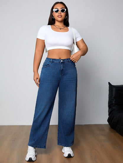 Կանացի Plus Size Casual լվացված կապույտ պարզ կոճակով Fly Բարձր աճ միջին ձգվող ուղիղ ոտքերի ջինսեր