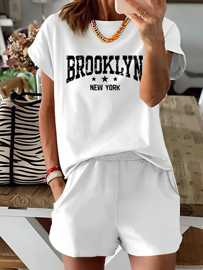 Brooklyn Letter Print Casual T-shirts &amp; Shorts հավաքածու կանանց համար՝ ձգվող պոլիեսթեր խառնուրդ, լվացվող մեքենայում
