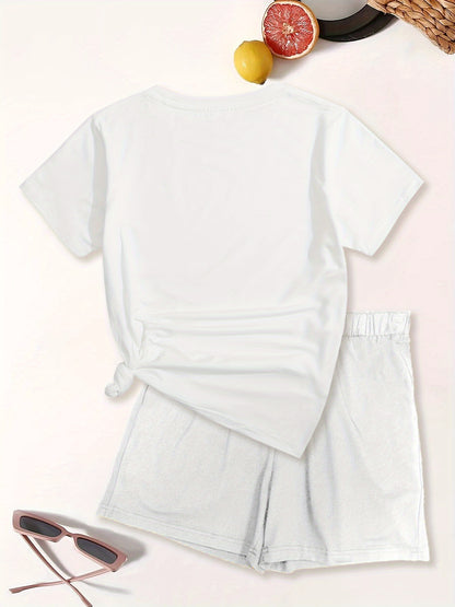 Brooklyn Letter Print Casual T-shirts &amp; Shorts հավաքածու կանանց համար՝ ձգվող պոլիեսթեր խառնուրդ, լվացվող մեքենայում