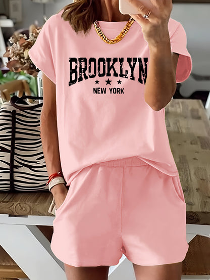 Brooklyn Letter Print Casual T-shirts &amp; Shorts հավաքածու կանանց համար՝ ձգվող պոլիեսթեր խառնուրդ, լվացվող մեքենայում