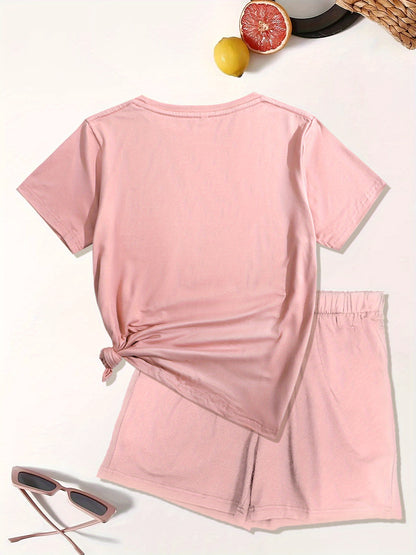 Brooklyn Letter Print Casual T-shirts &amp; Shorts հավաքածու կանանց համար՝ ձգվող պոլիեսթեր խառնուրդ, լվացվող մեքենայում